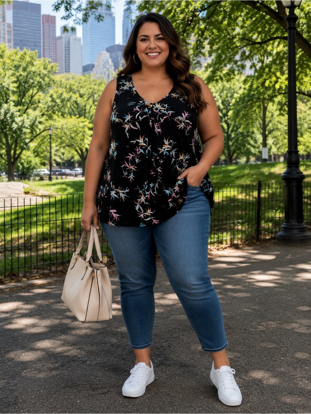 Plus Size Black Floral V-Neck Tank Top
